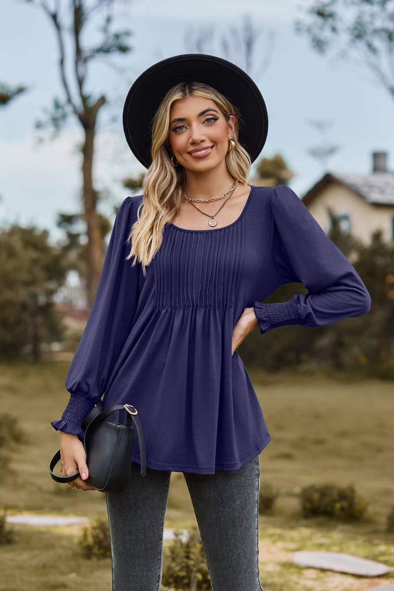 CWTBLL3687_NEW AUTUMN SOLID COLOR ROUND NECK DRAW CUFFS TOP