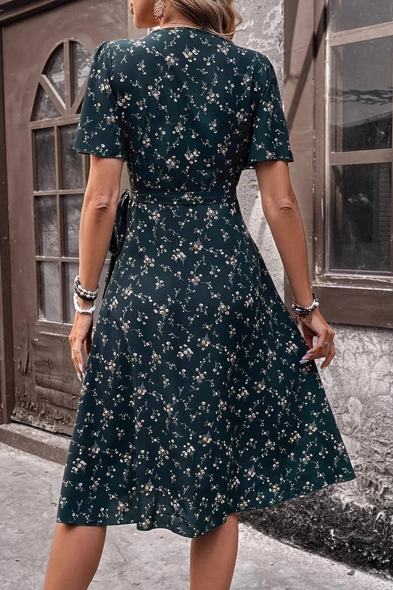 CWDMD6330_SUMMER FRENCH FLORAL SEXY LACE-UP WAIST DRESS