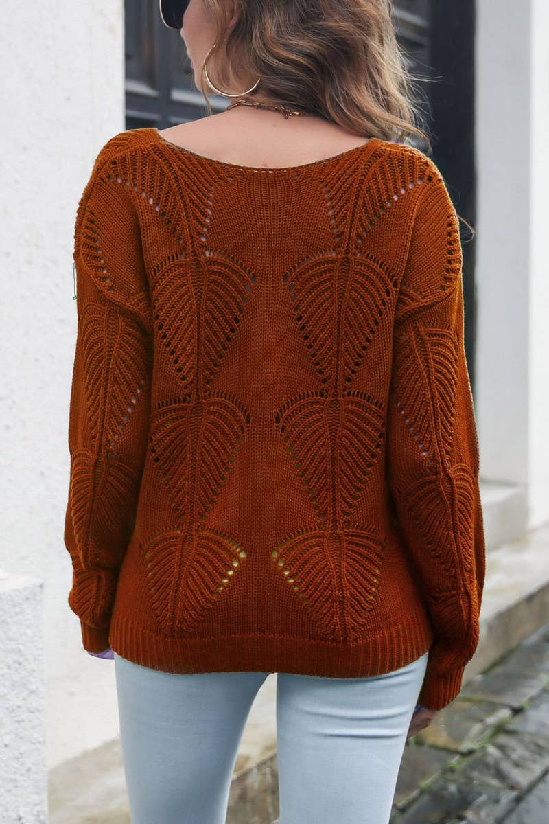 CWOSWL4197_HOLLOW LEAF V-NECK LONG SLEEVE KNITTED SWEATER