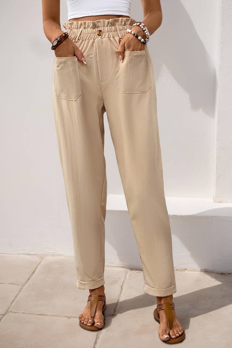 CWBLP00936_BEIGE ELASTIC WAIST POCKET STRAIGHT LEG PANTS