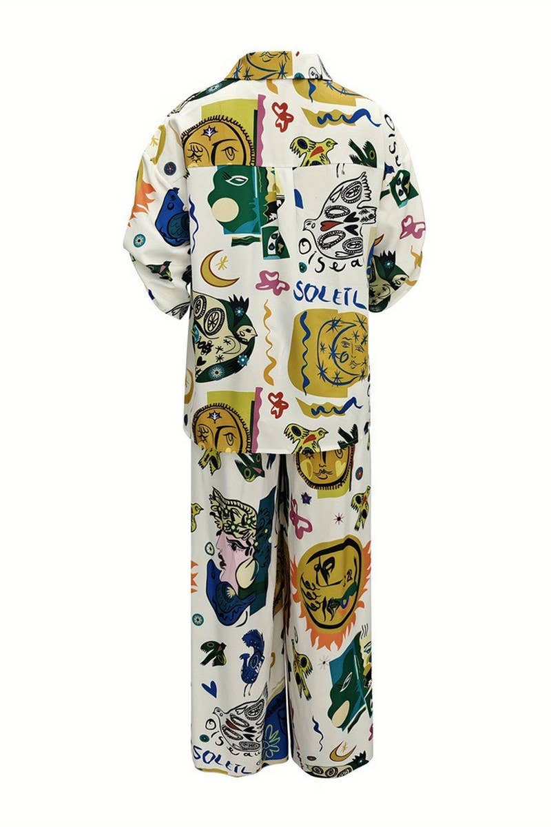 CWSS1133_GRAFFITI PRINT SHIRT WIDE LEG PANTS TWO-PIECE SET