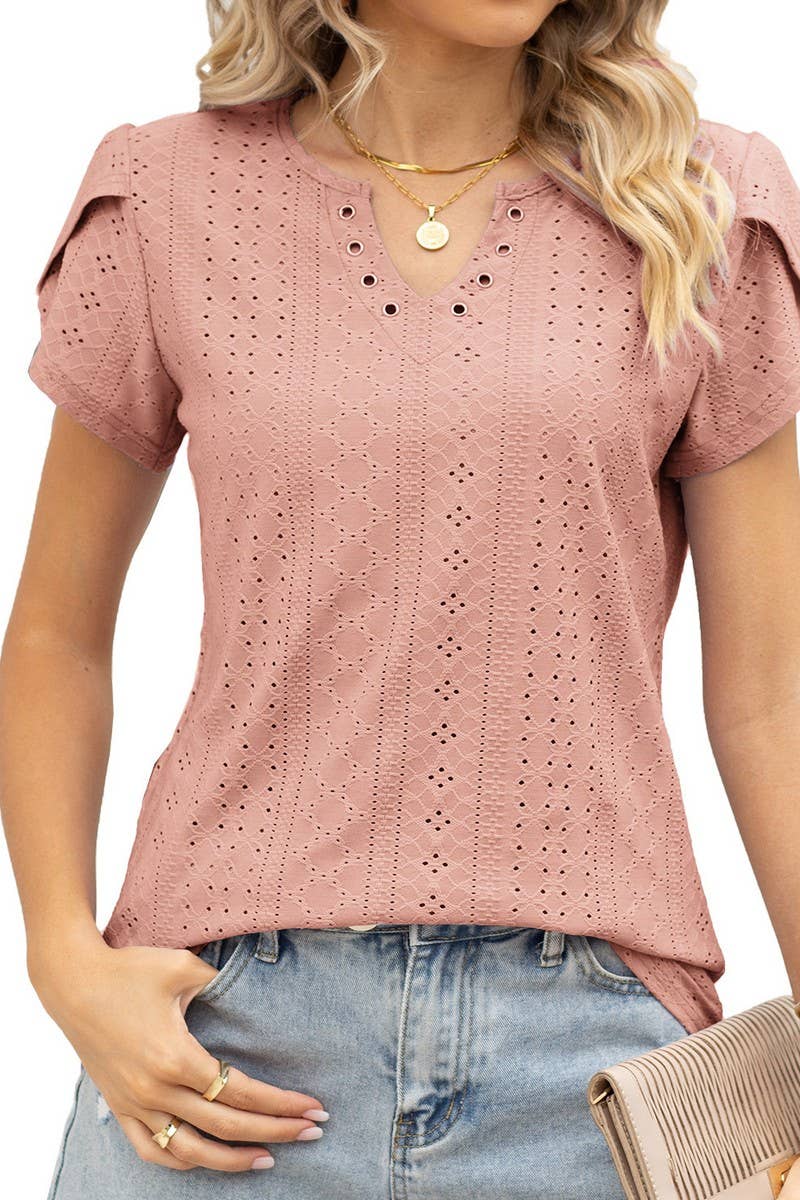 CWTBLS0878_V-NECK BUTTONED CUTOUT LOOSE SHORT-SLEEVED TOP