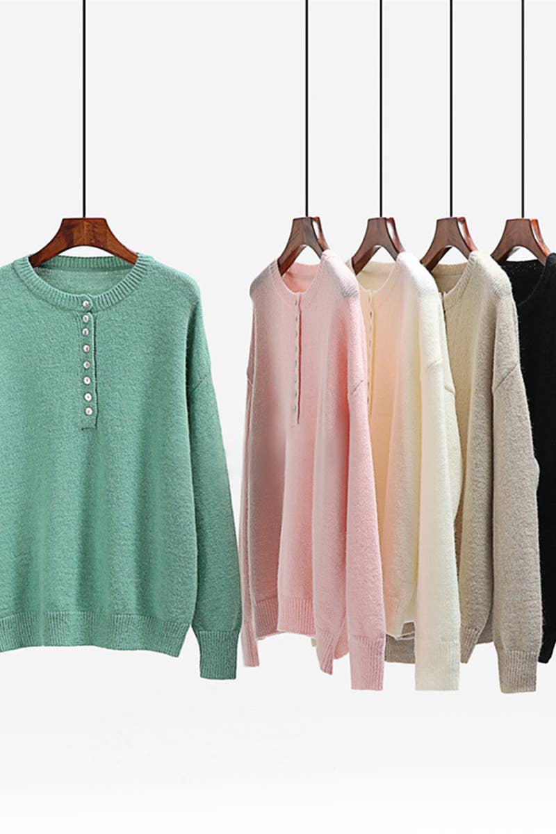 CWTTL1071  Loose V Neck Button Tops Pullover Sweater