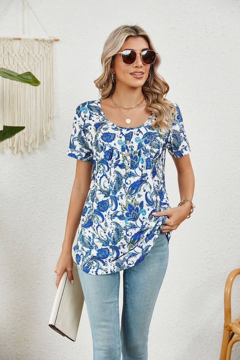 CWTBLS0850_BUTTON PRINT FLORAL SHORT SLEEVE BAGGY TOP