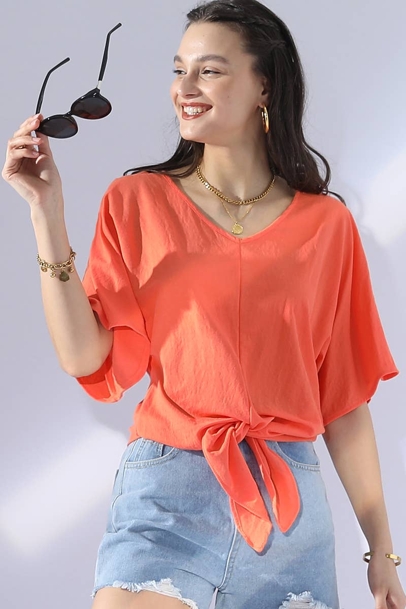 CWTTS700_V NECK TIE UP SHORT SLEEVE CASUAL COOL TOP