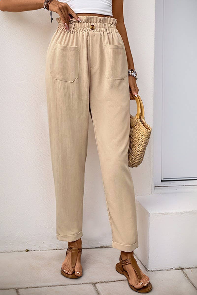 CWBLP00936_BEIGE ELASTIC WAIST POCKET STRAIGHT LEG PANTS