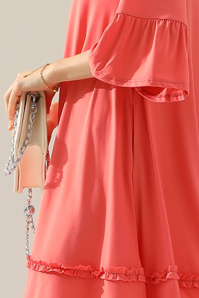 CWDSD10414_3/4 SLEEVE TIERED DRESS WITH SMALL RUFFLE DETAILS