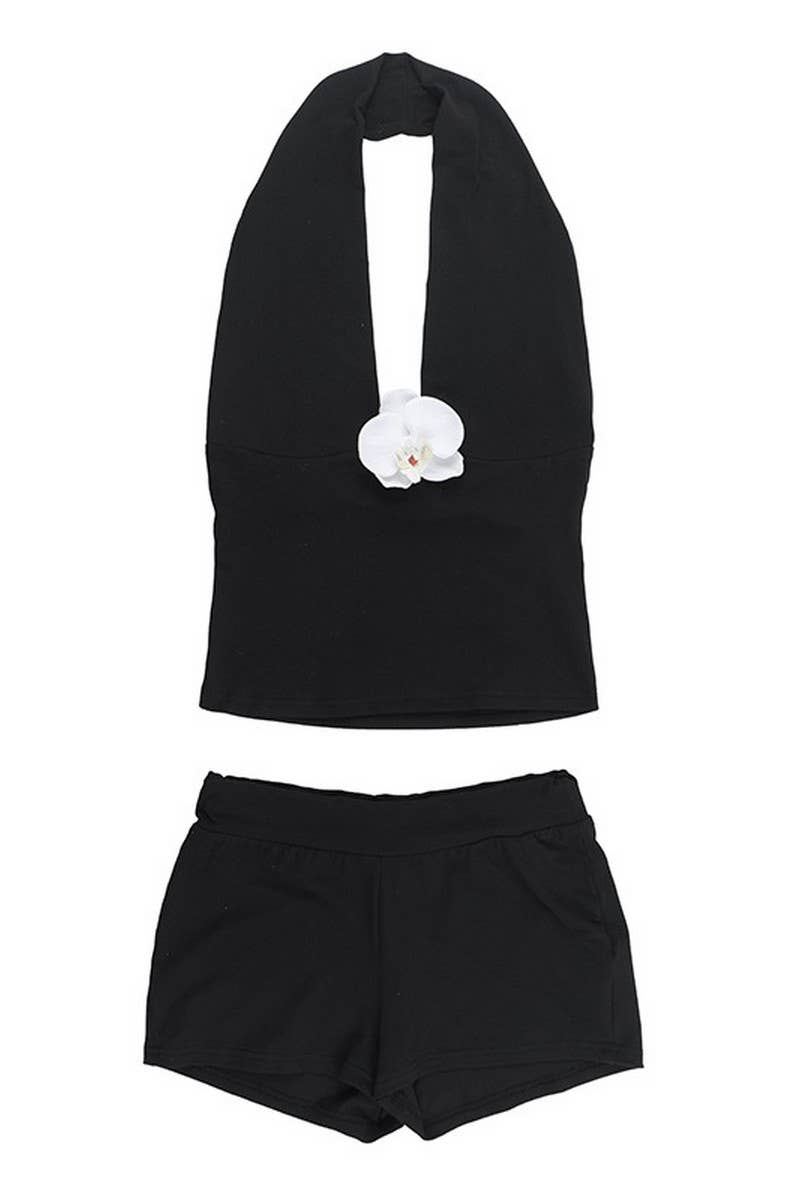 CWSS1114_HALTER FLORAL CROP TOP & HIGH WAIST SHORTS SET