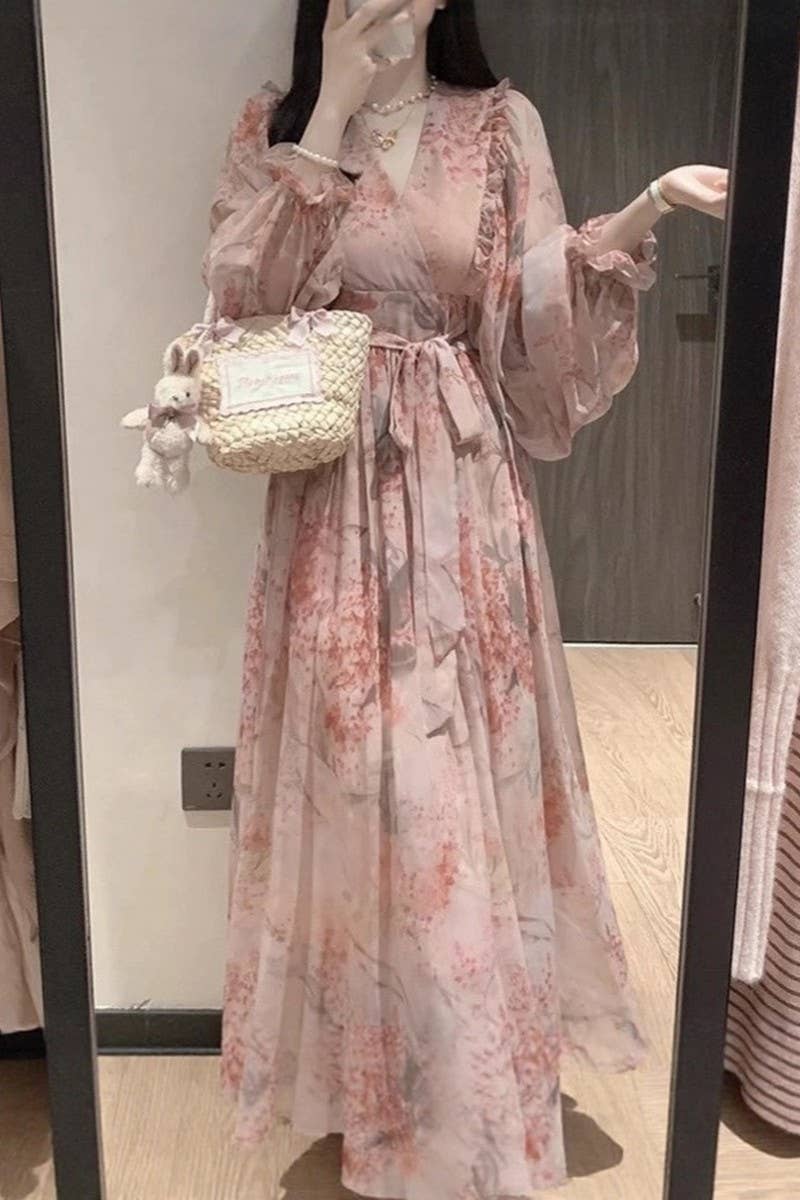 CWDMD01226_FLORAL LANTERN SLEEVE WAIST TIE MAXI DRESS