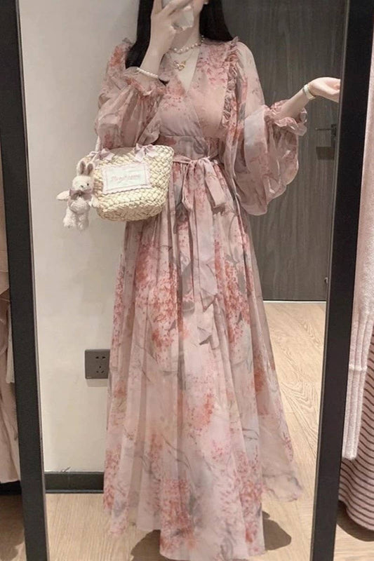 CWDMD01226_FLORAL LANTERN SLEEVE WAIST TIE MAXI DRESS