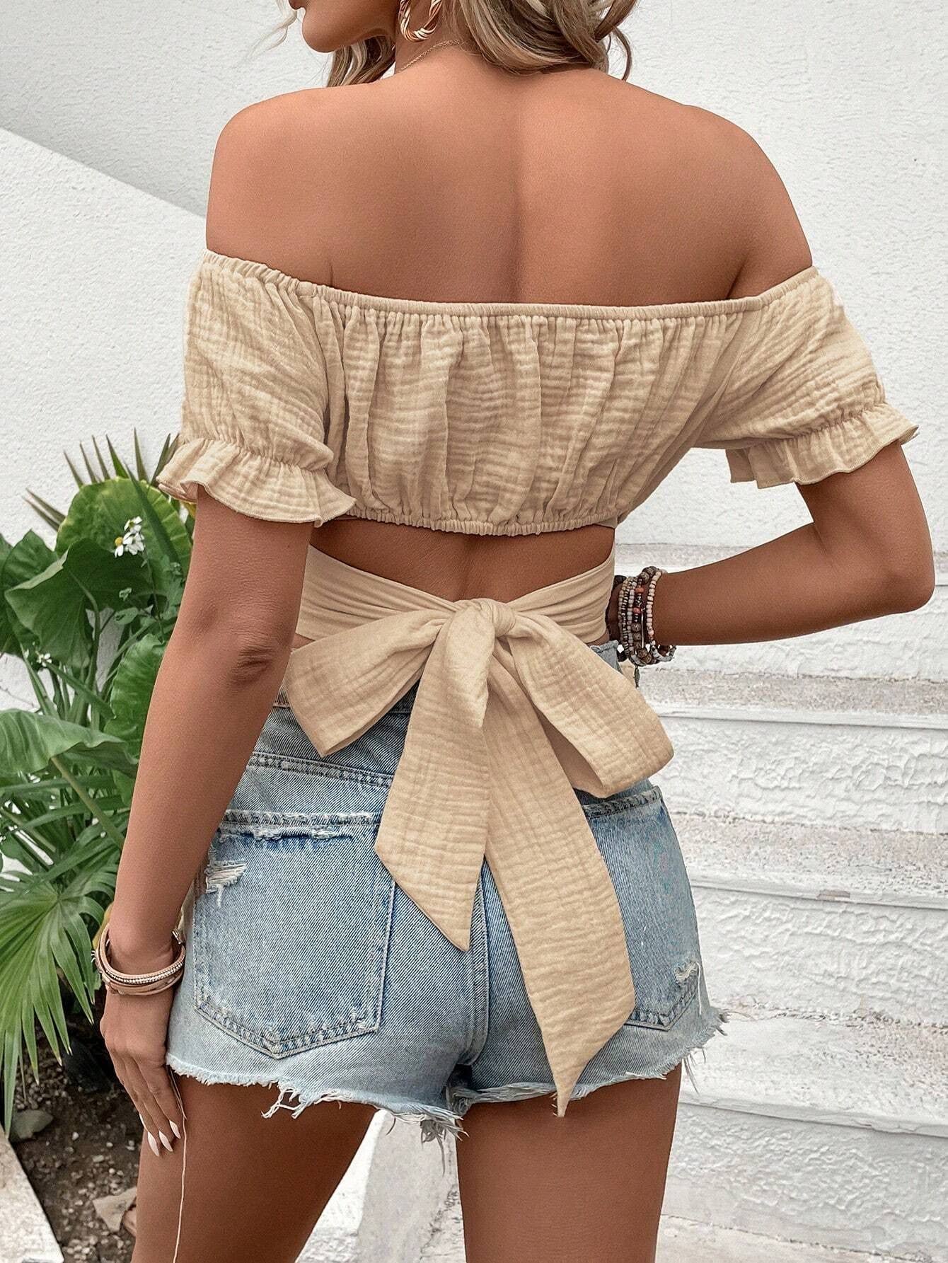 Elegant Off-Shoulder Tie Waist Puff Sleeve Top