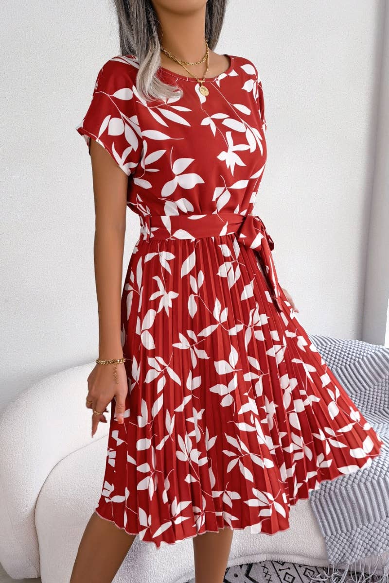 CWDMD2652_LEAF SHORT SLEEVE PLEATED DRESS WITH LARGE SWING