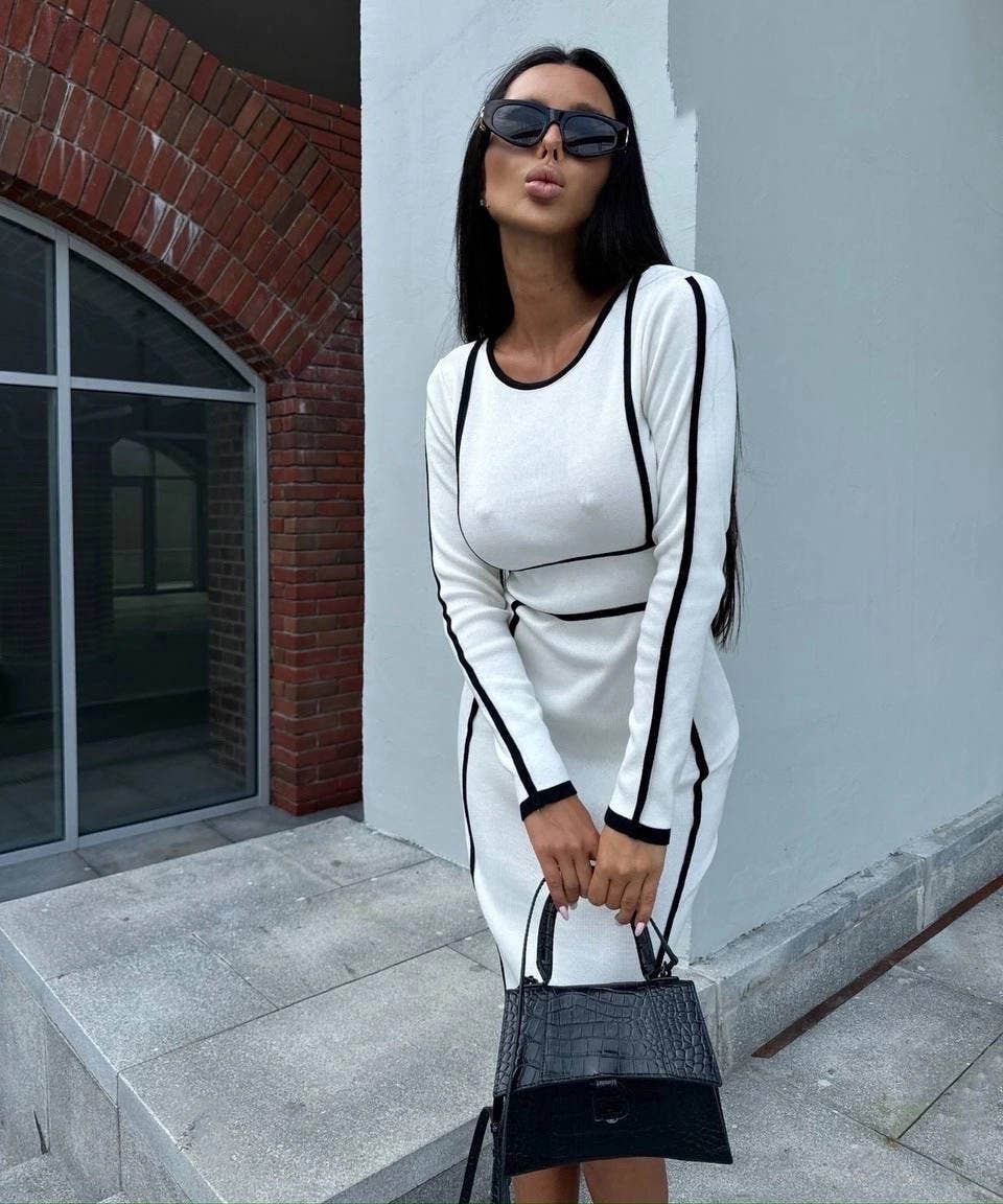 CREW NECK LONG SLEEVE PATCHWORK COLOR DRESS