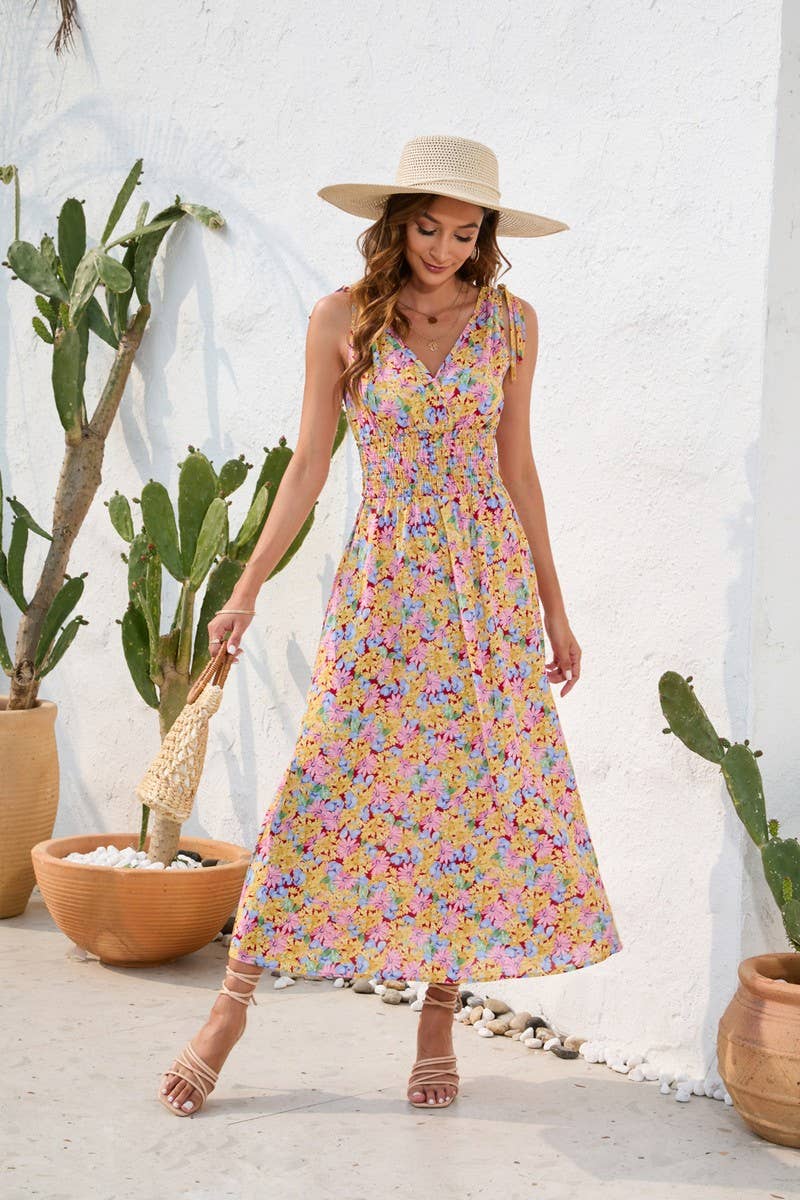 CWDMD2143_FLORAL PRINT WAISTLINE V-NECK HALTER DRESS
