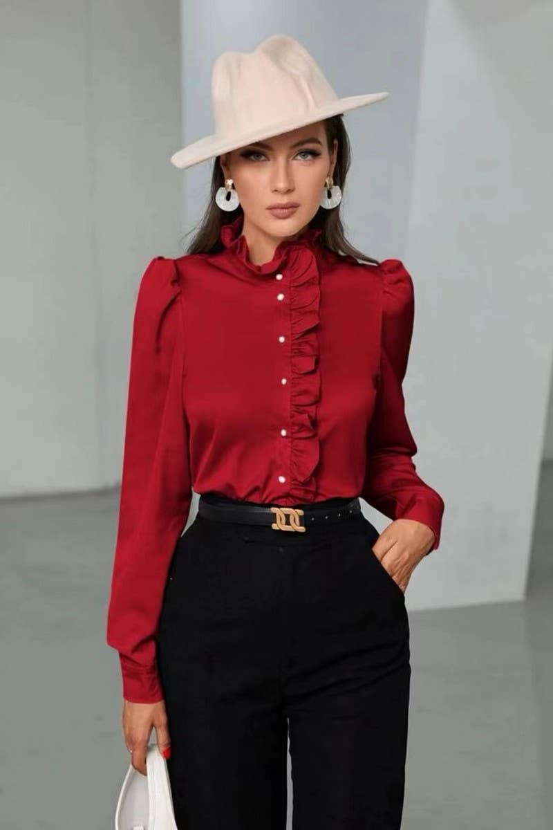 CWTBLS2041_SOLID COLOR RUFFLED LONG SLEEVE BLOUSE