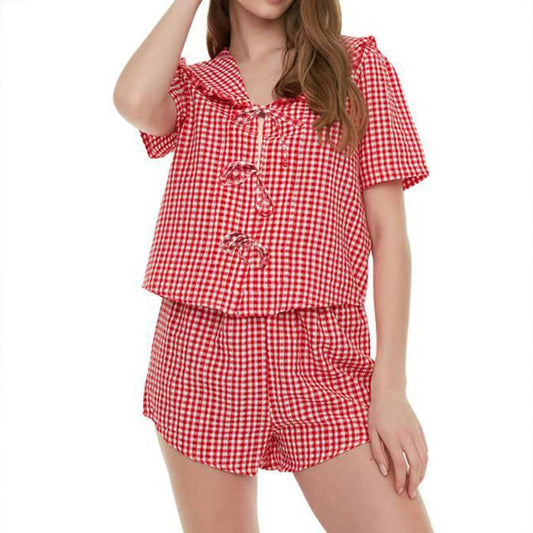 Checkered large collar tie short-sleeved set