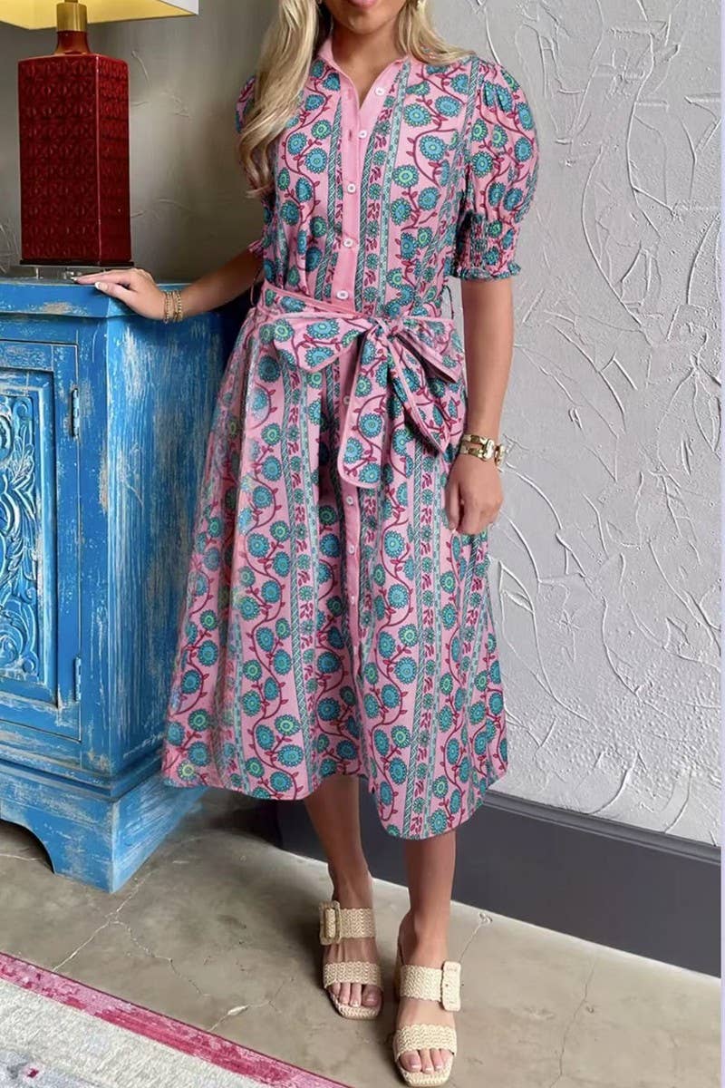 CWDMD5851_FLORAL COLORBLOCK HIGH WAIST TIE MIDI DRESS