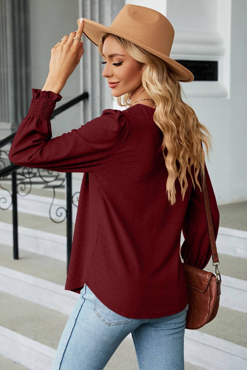 CWTBLL2936_SQUARE NECK JACQUARD PLEATED LONG-SLEEVED TOP