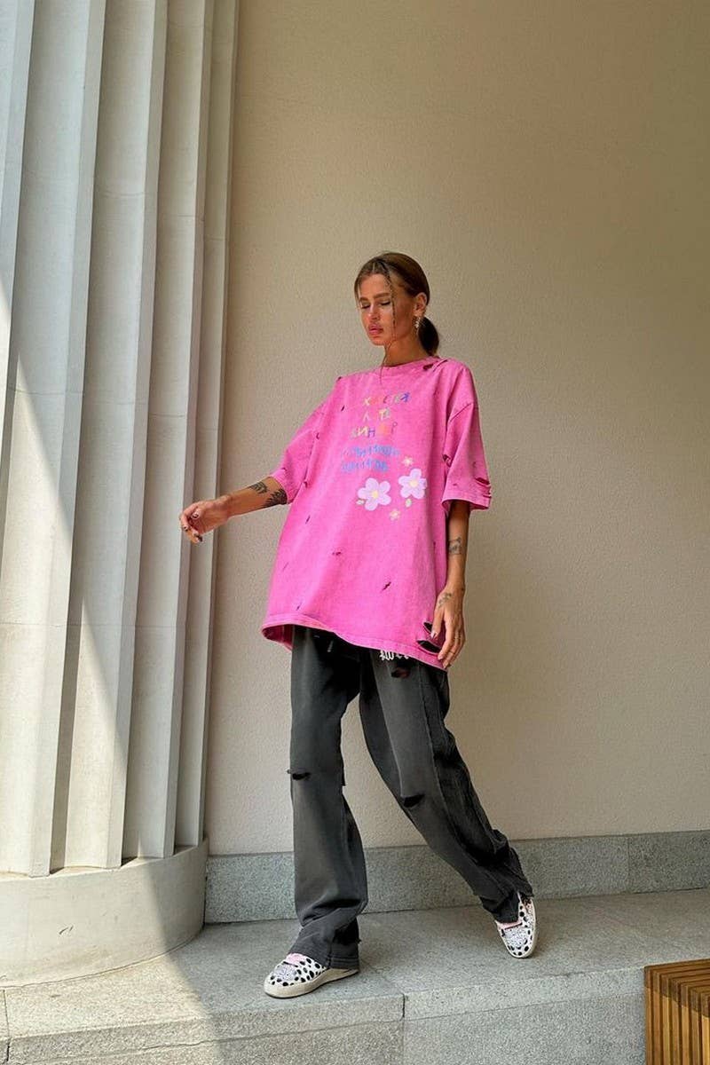 CWTTS1576_LETTERING LOOSE LAZY CASUAL MID-LENGTH T-SHIRT