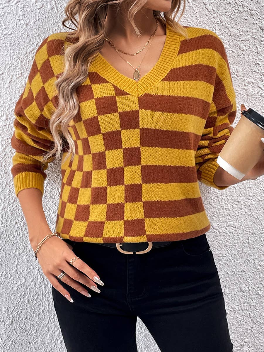 DESIGN SENSE V-NECK SIMPLE STRIPED CHECK SWEATER