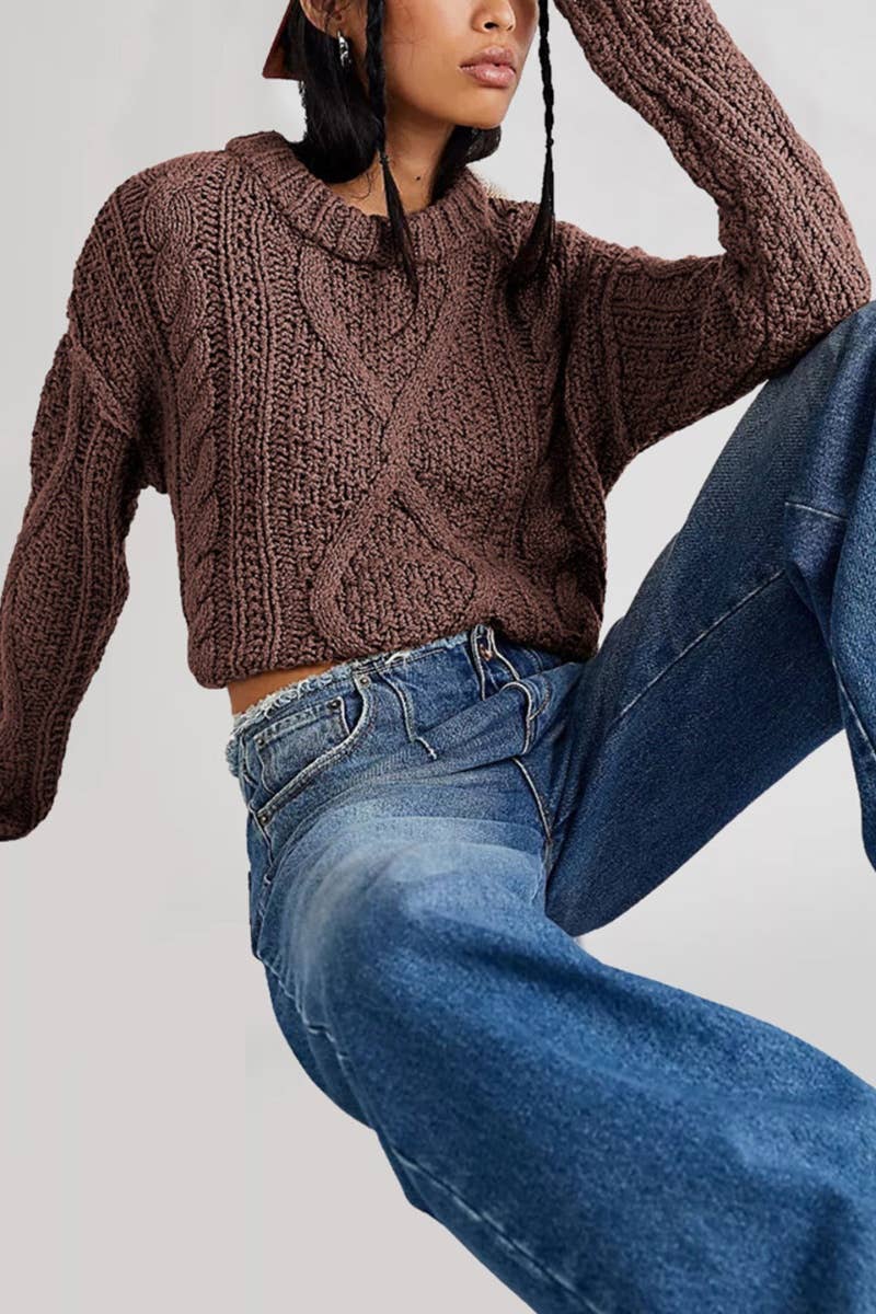 CWOSWL5883_CREW-NECK CROP LONG SLEEVED SWEATER SHORT