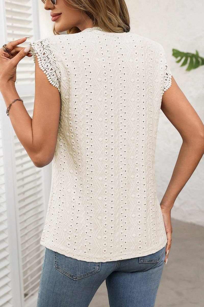 CWTBLS1619_SOLID COLOR ROUND NECK LACE STITCHING HOLLOW TOP