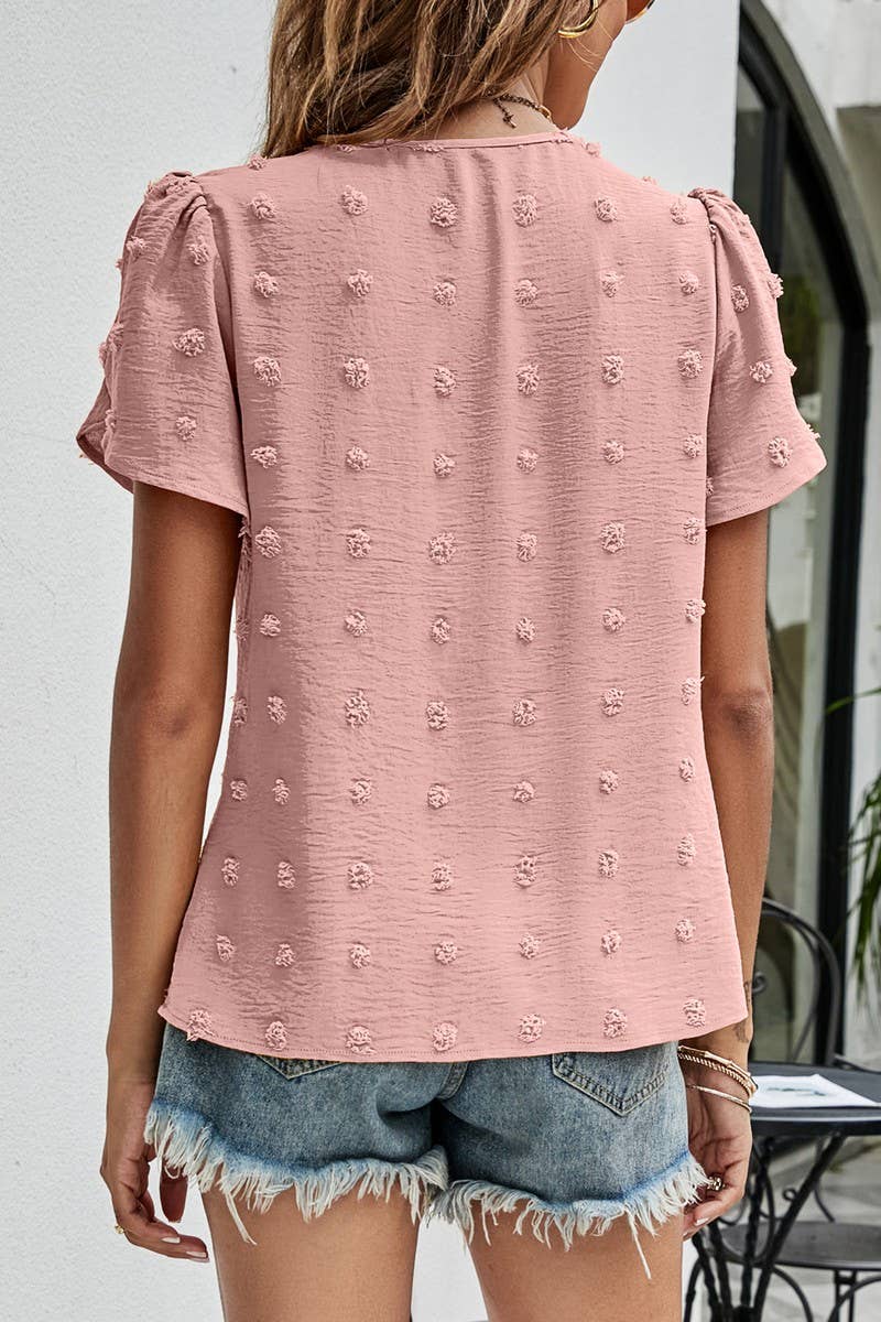 CWTBLS0342_Round neck Short Puff Sleeve Blouse