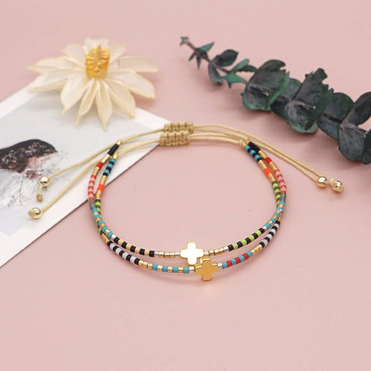 BOHEMIAN RAINBOW RICE BEADED CROSS BRACELET_CWMM3883