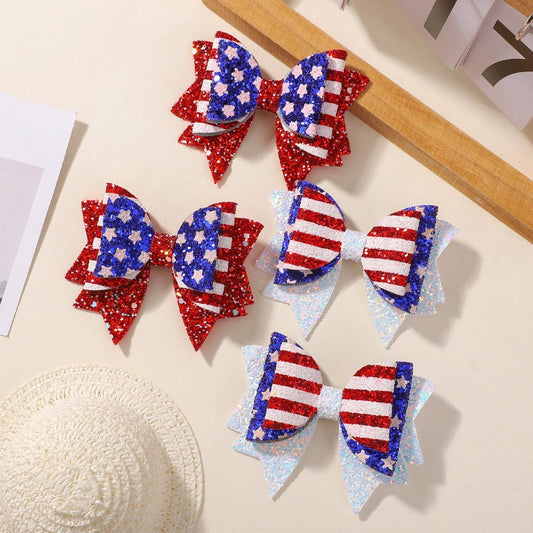 Glitter Star & Flag Bow Hair Clip Set for Kids