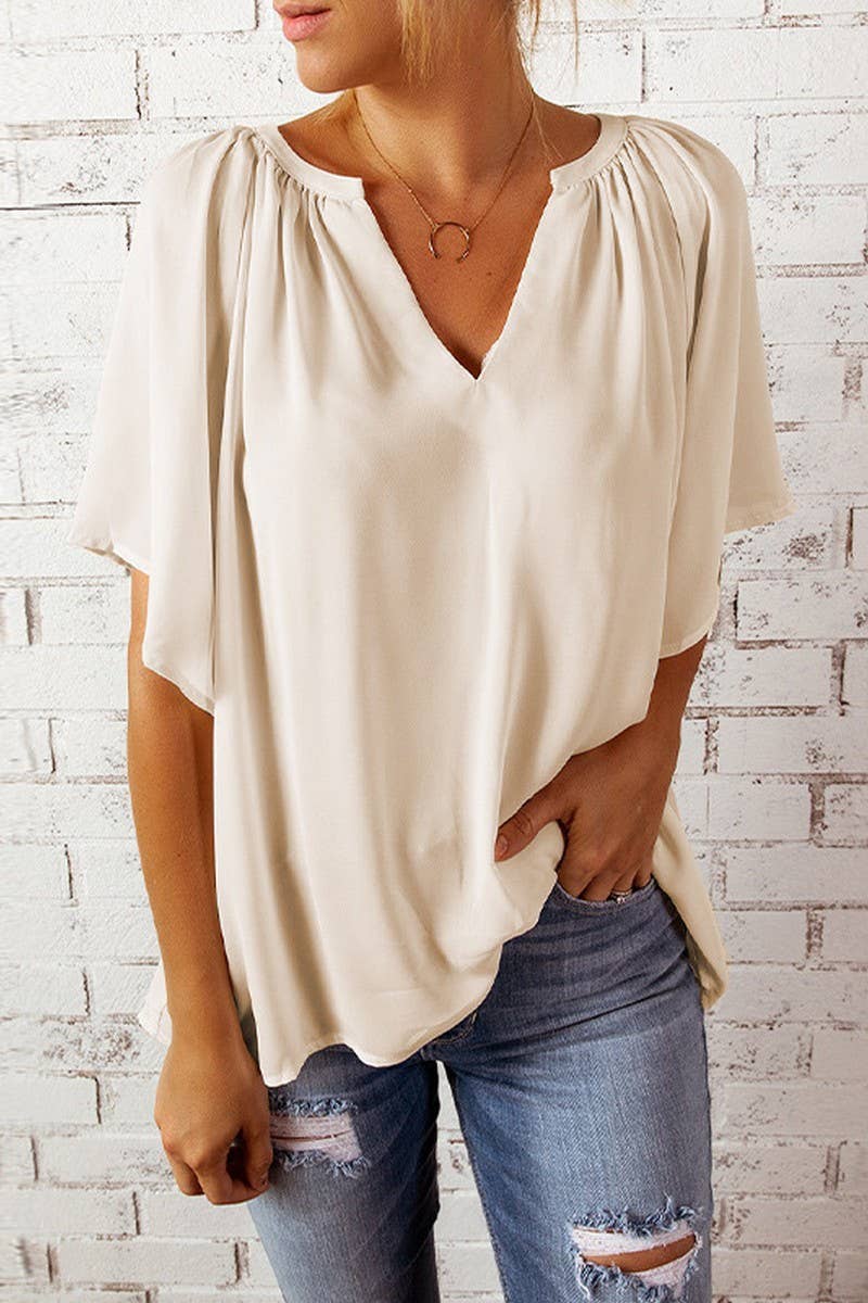 CWTBLS2307_SOLID V-NECK LOOSE FIT CHIFFON BLOUSE