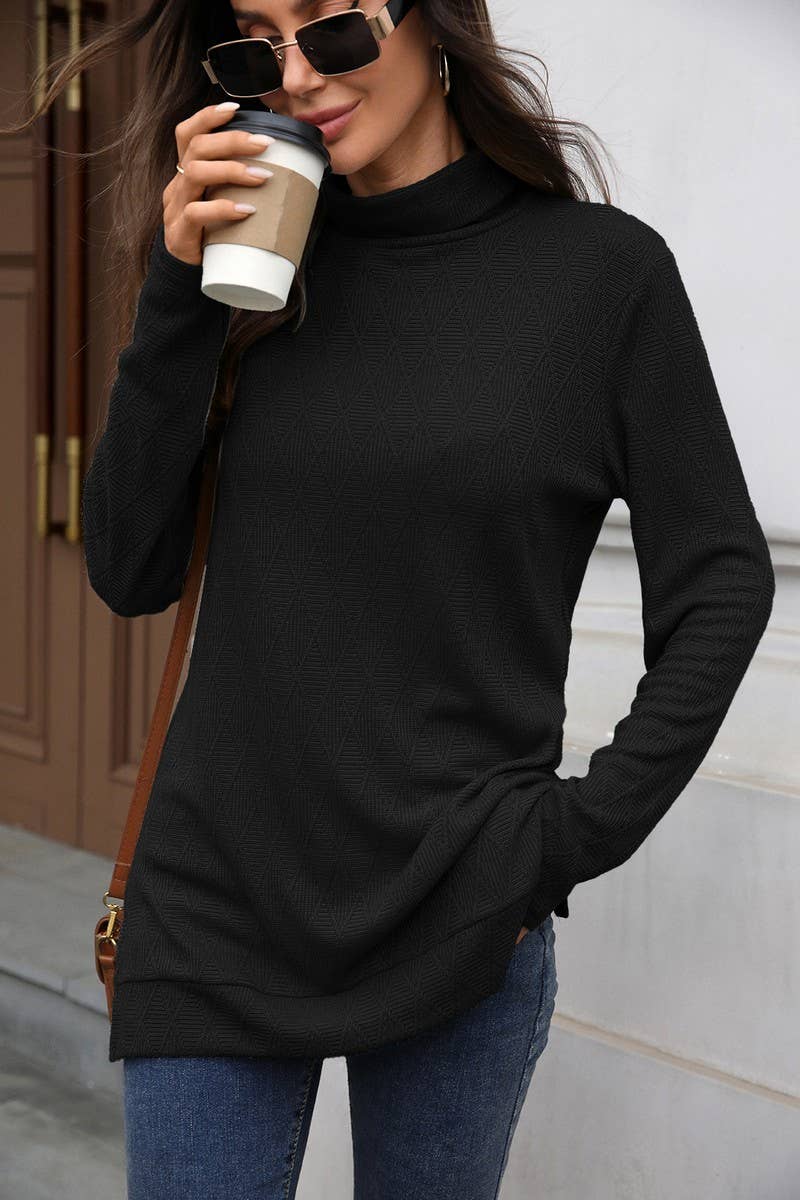 CWTBLL01289_HIGH NECK SOLID KNIT SPLIT HEM LONG SLEEVE TOP