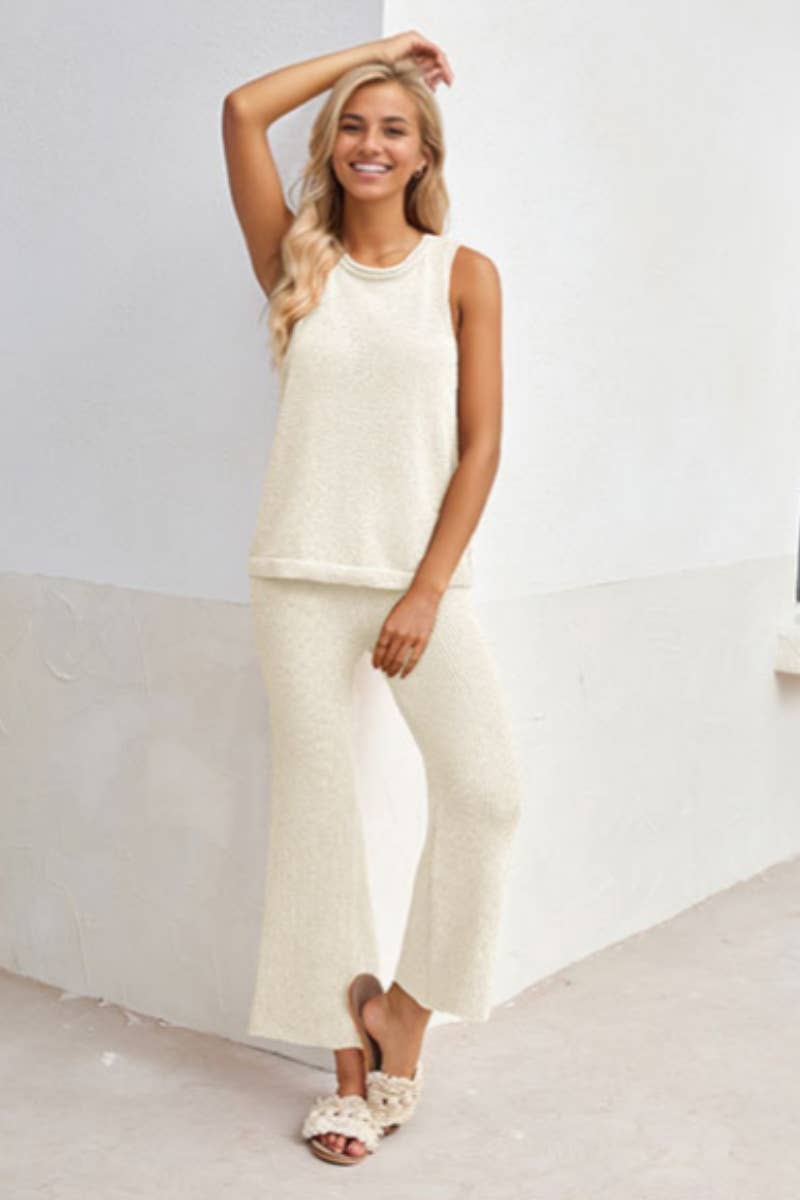CWSS0632_SUMMER KNIT CASUAL SLEEVELESS TOP PANTS SUIT