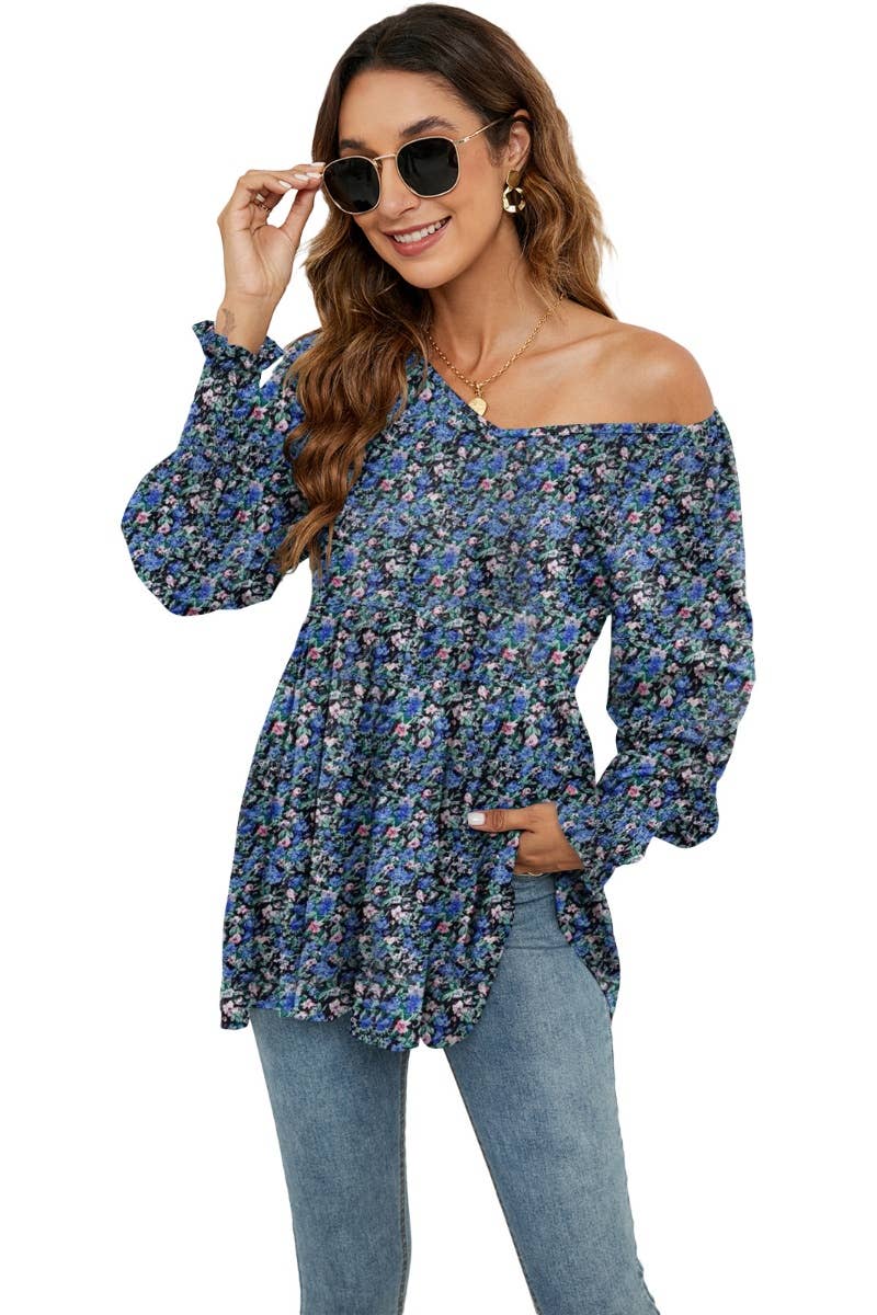 CWTBLL2935_FALL FLOWER BOUQUET WAIST PUFFY SLEEVE TOP