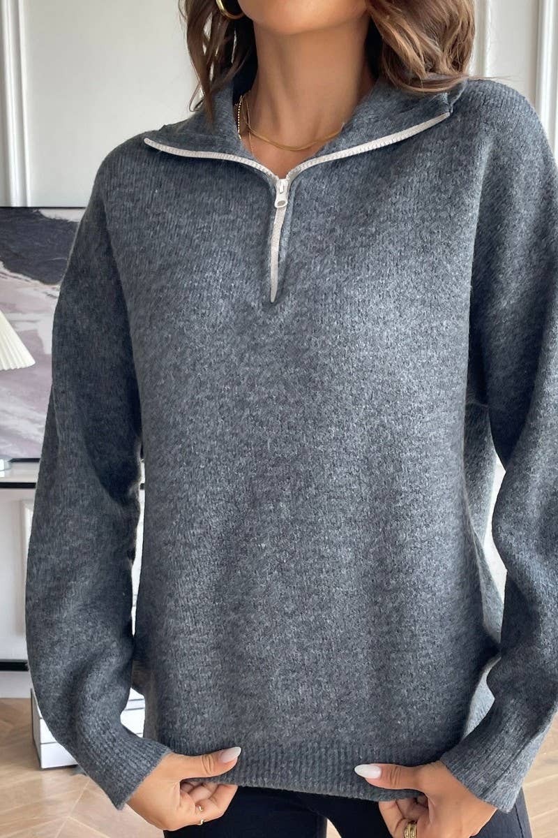 CWOSWL2693_SOLID COLOR LAPEL ZIPPER LONG SLEEVE KNIT TOP