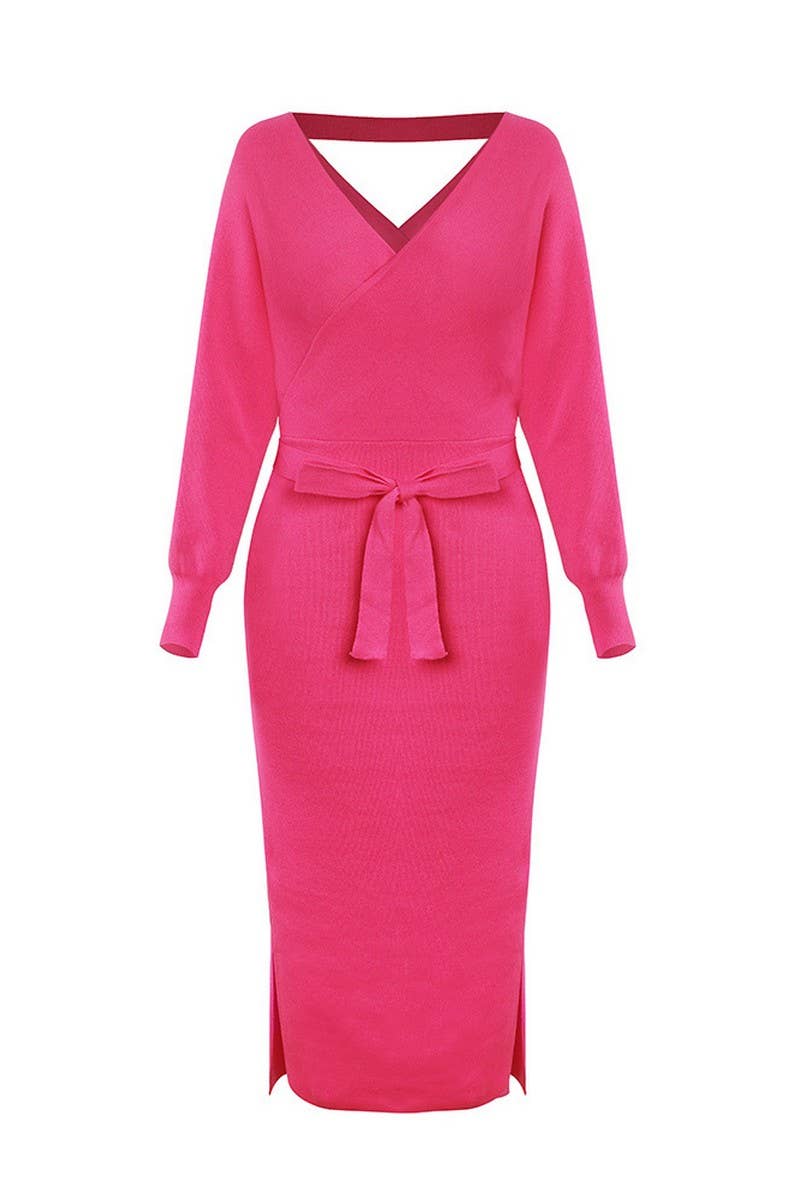 CWDMD4003_SOLID COLOR SLIM V-NECK LACE-UP KNITTED DRESS