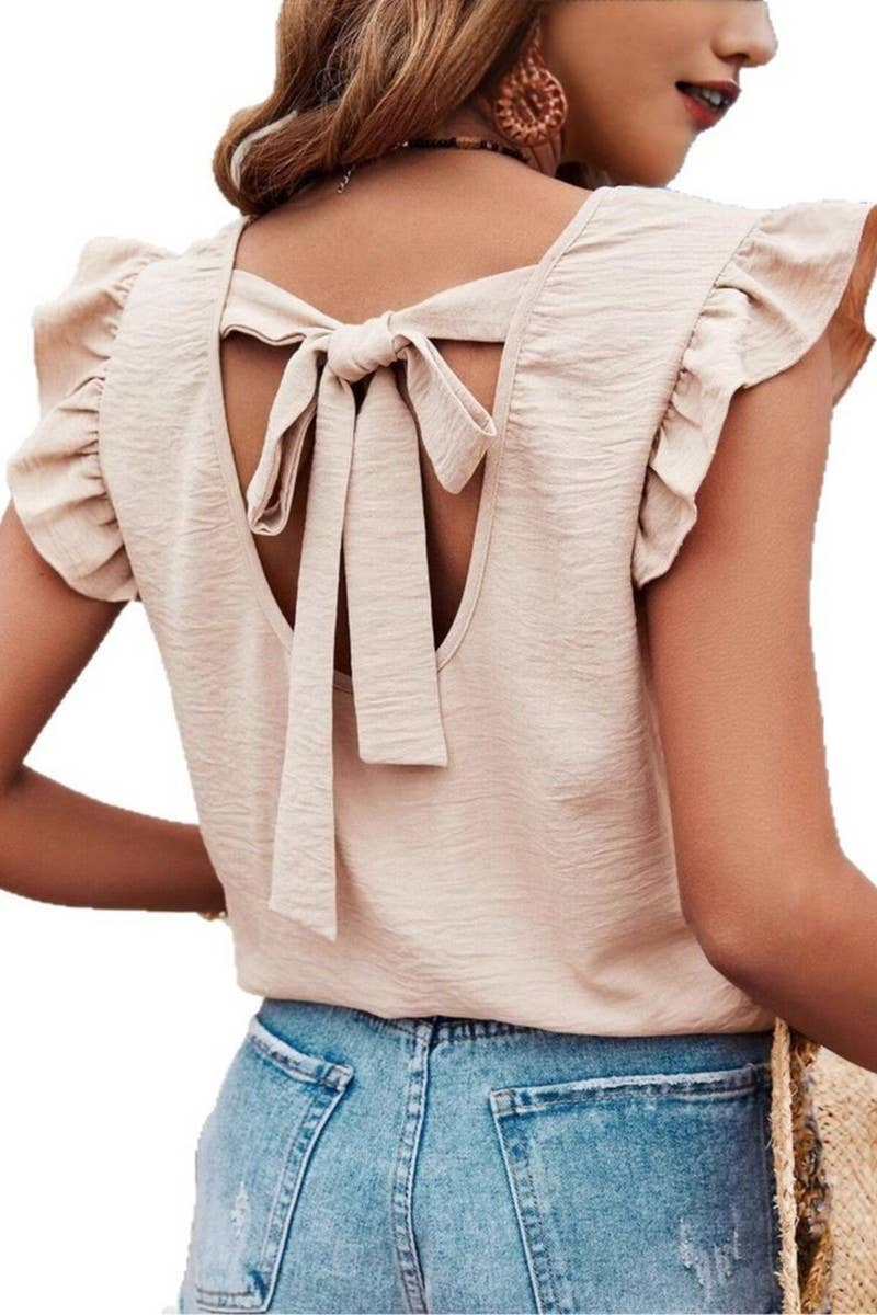 CWTBLSL0696_SOLID COLOR ROUND NECK RUFFLE BOW VEST TOP