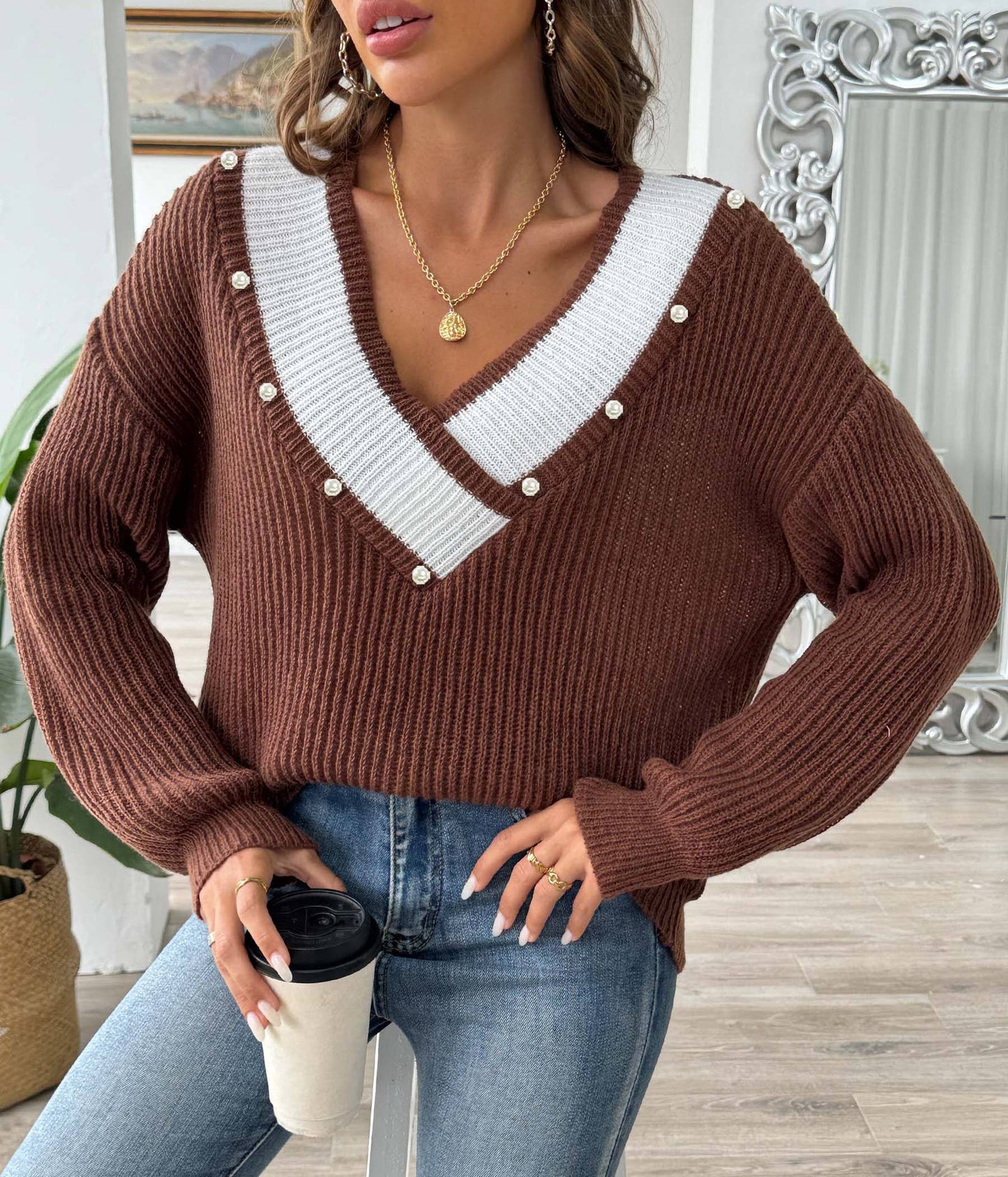 Contrast color v-neck loose sweaters