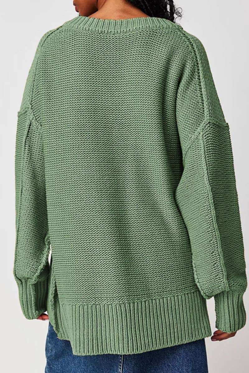 CWOSWL5839_STYLISH V-NECK LONG-SLEEVED PULLOVER SWEATER