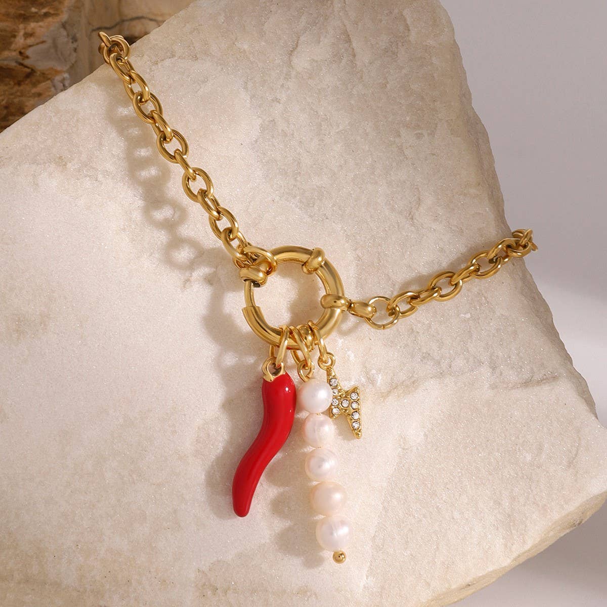18K Gold Steel Pearl Red Chili Charm Bracelet_CWAJE4891