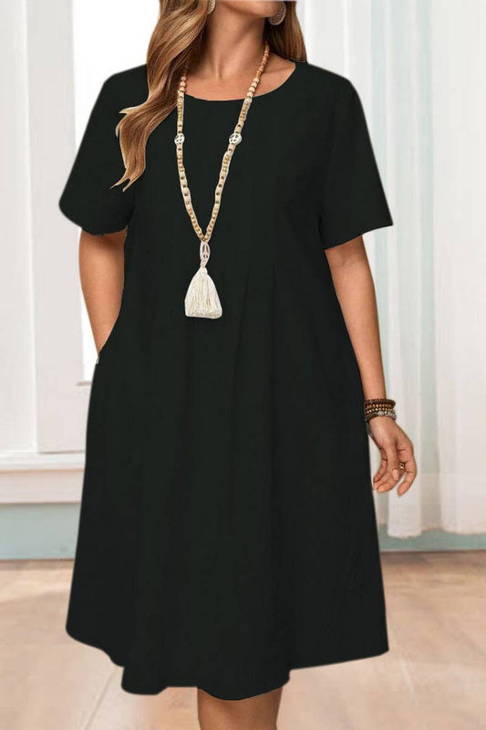 CWDMD00999_VINTAGE LOOSE POCKET SOLID COLOR DRESS