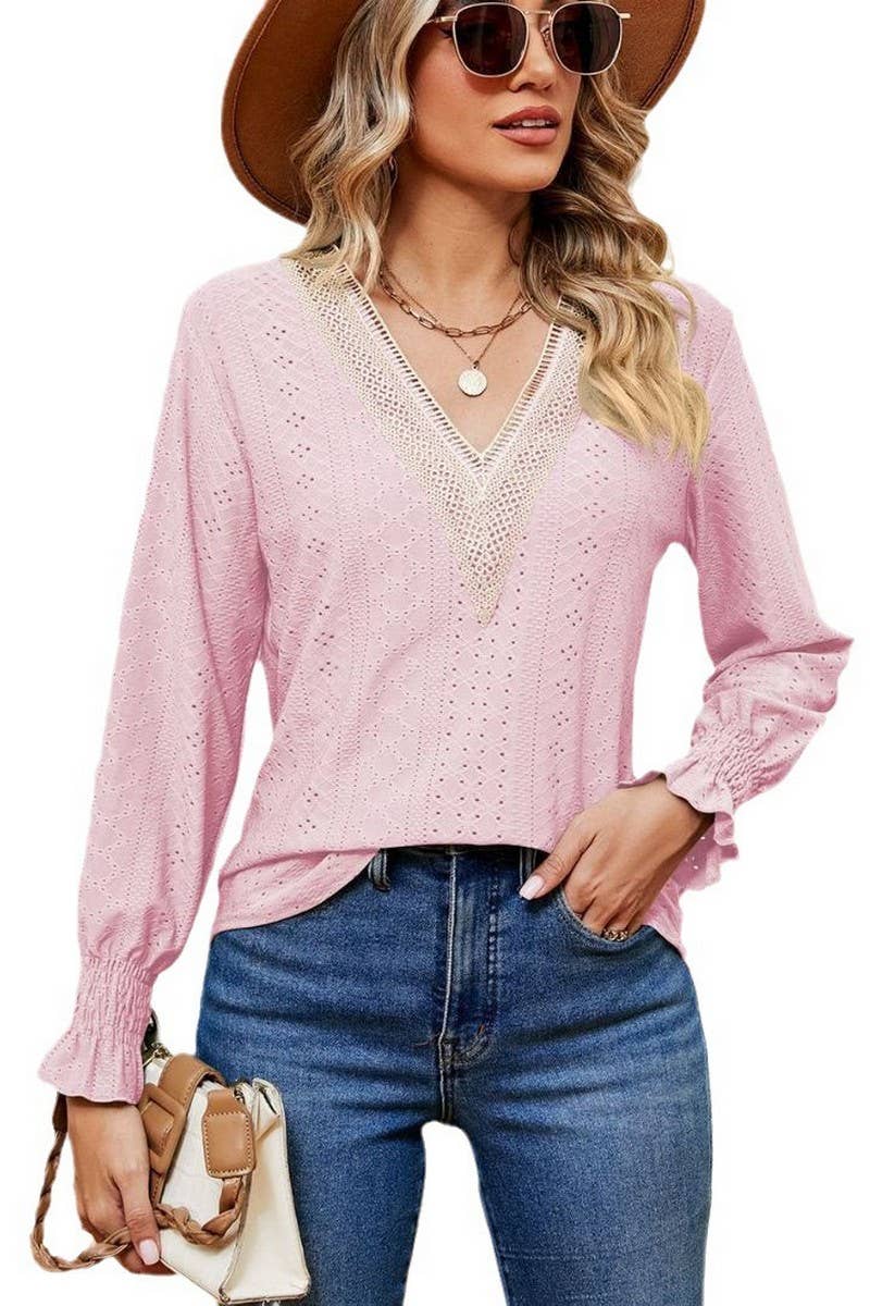 CWTBLL2389_V-NECK LACE STITCHING LONG-SLEEVED PULLOVER