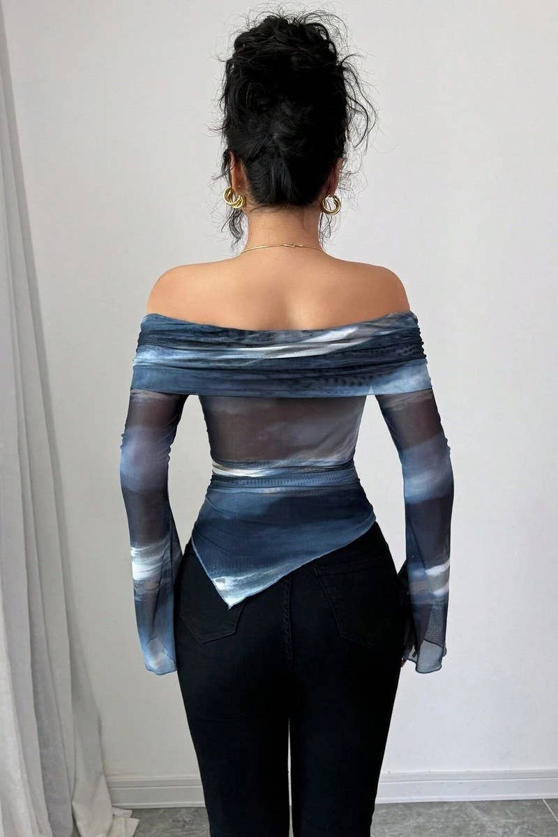 CWTBLL3920_KNIT MESH PRINT OFF SHOULDER SLIM FIT TOP