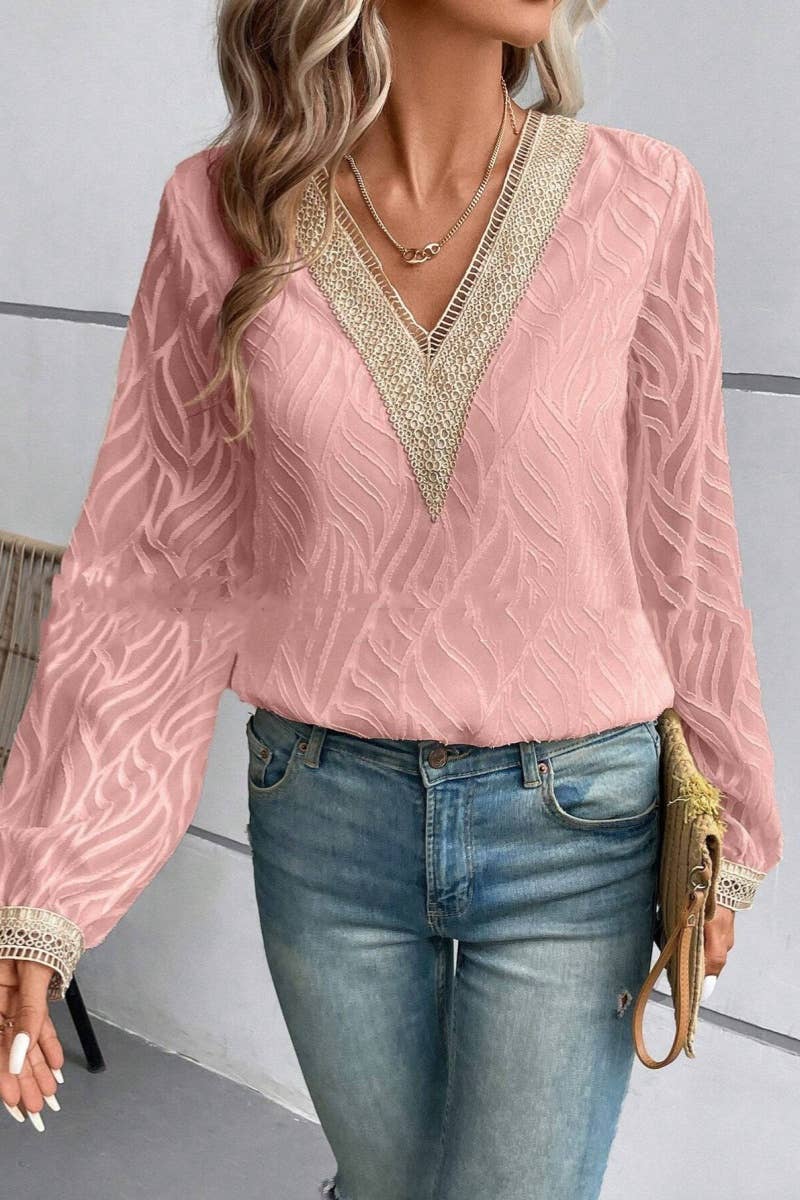 CWTBLL2488_FALL V-NECK LACE LONG-SLEEVED SHIRT TOP