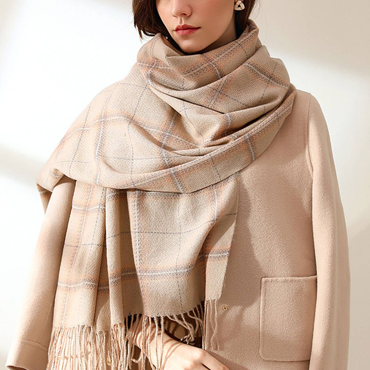Plaid Faux Cashmere Scarf - Tassel Winter Shawl_CWASC0218