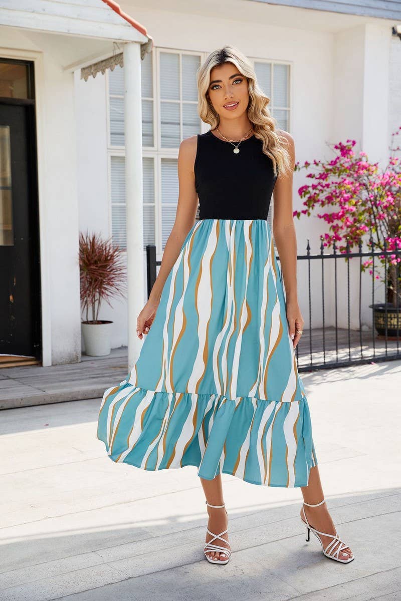 CWDMD1393_Round Neck Sleeveless Contrast Dress