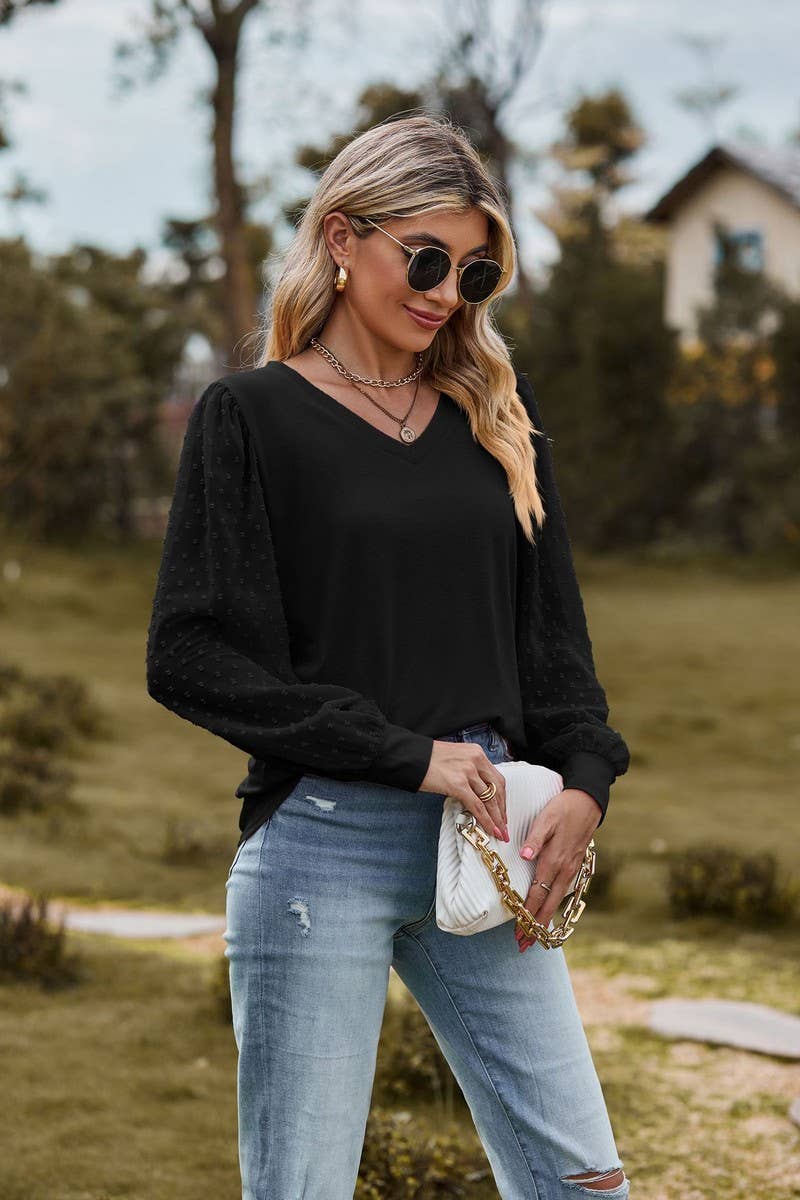 CWTBLL1047_LONG-SLEEVED V-NECK MESH PATCHWORK LOOSE TOP