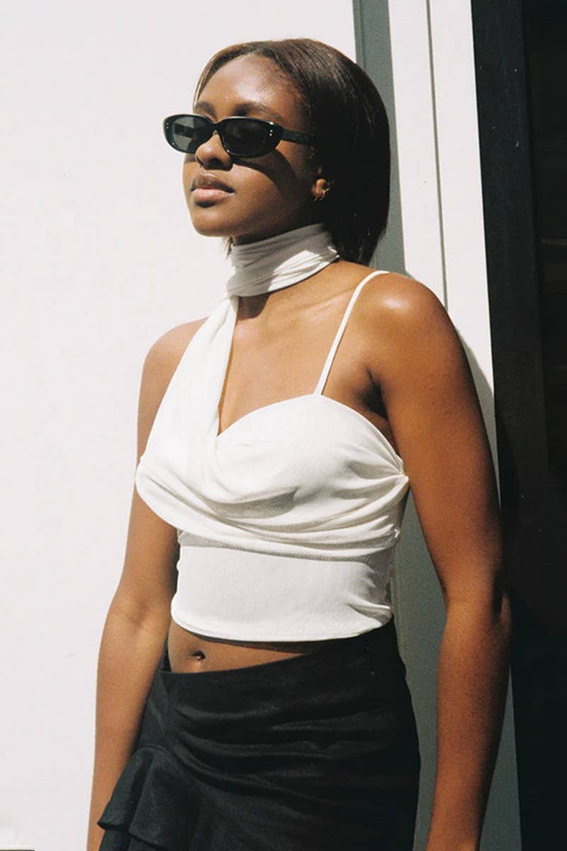 CWTTK0865_SUMMER STRAPLESS CROP ONE-SHOULDER TIE TOP