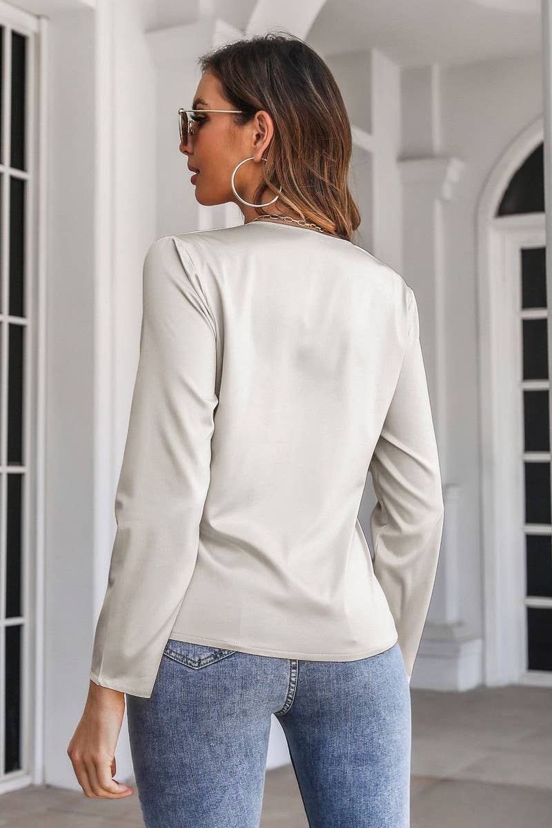 CWTTL1392_V-Neck Long Sleeve With Twist Detail on Bust Top