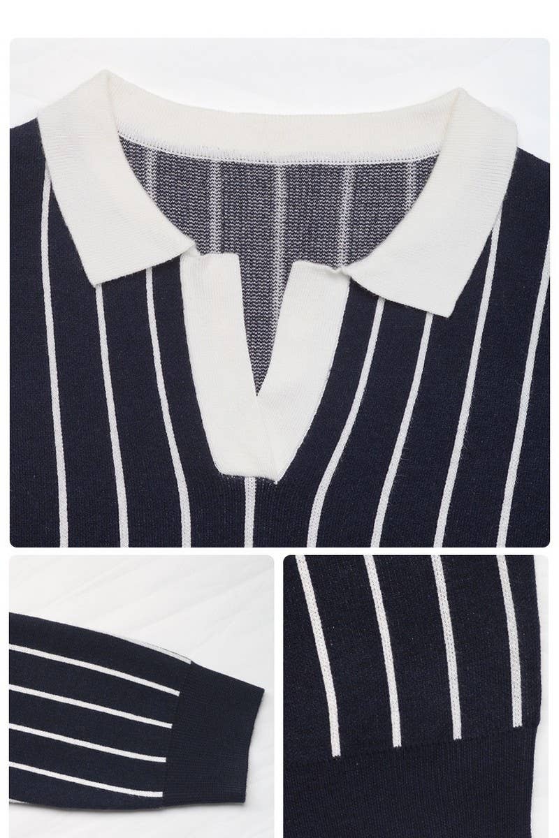 CWOSWL6899_COLLARED CASUAL STRIPED KNIT LONG SLEEVE SWEATER
