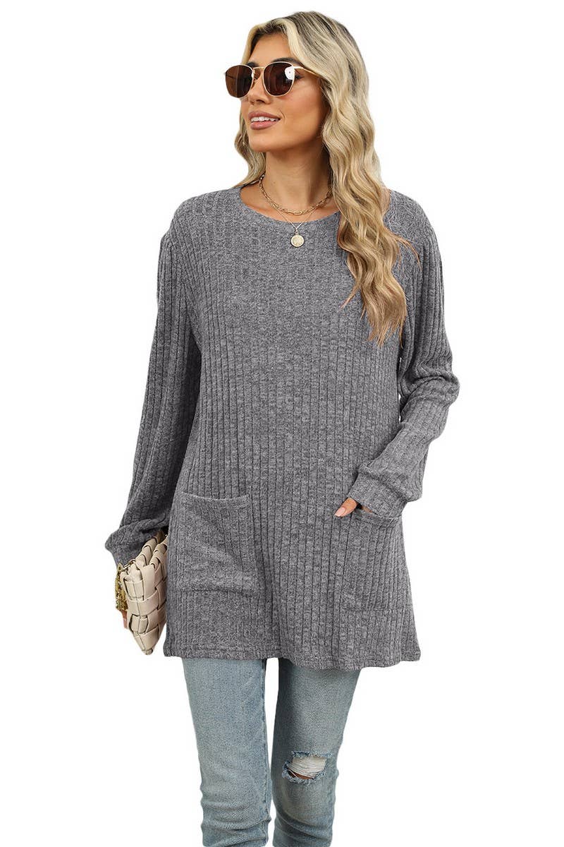 CWTBLL1118_CASUAL ROUND NECK POCKET PUFF SLEEVE LOOSE TOP